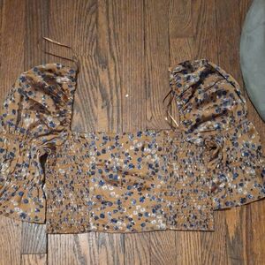 Vici Brown Floral Smocked Square-Neck Crop Top with Blue Accents